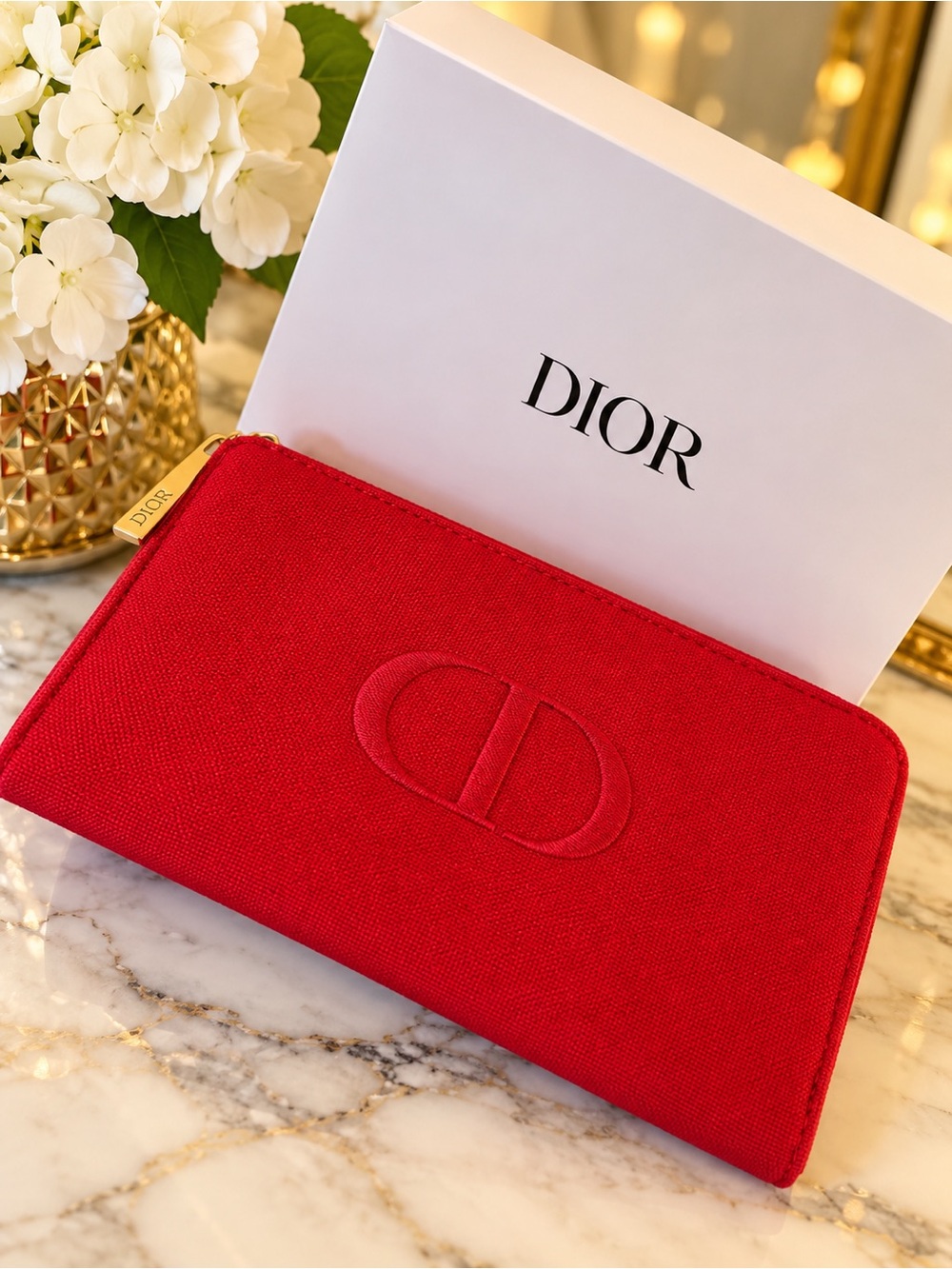 Dior Red Embossed CD Canvas Zip Card Holder